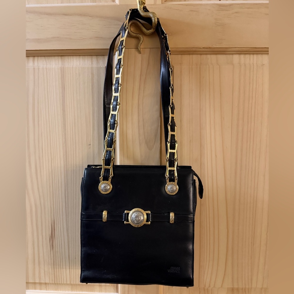 Gianni Versace Vintage Black Leather Shoulder Bag with Gold Chains